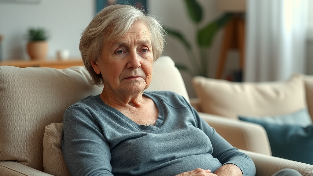 senior woman experiencing osteoarthritis fatigue in living room