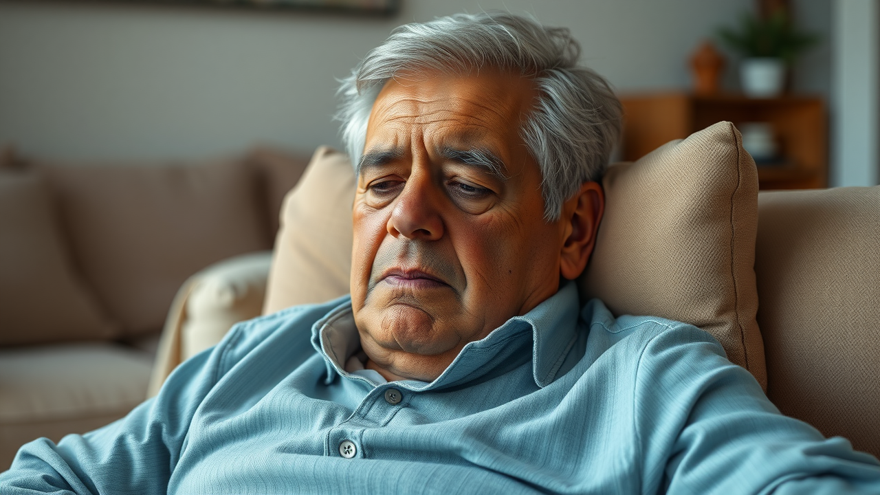 senior woman experiencing osteoarthritis fatigue in living room