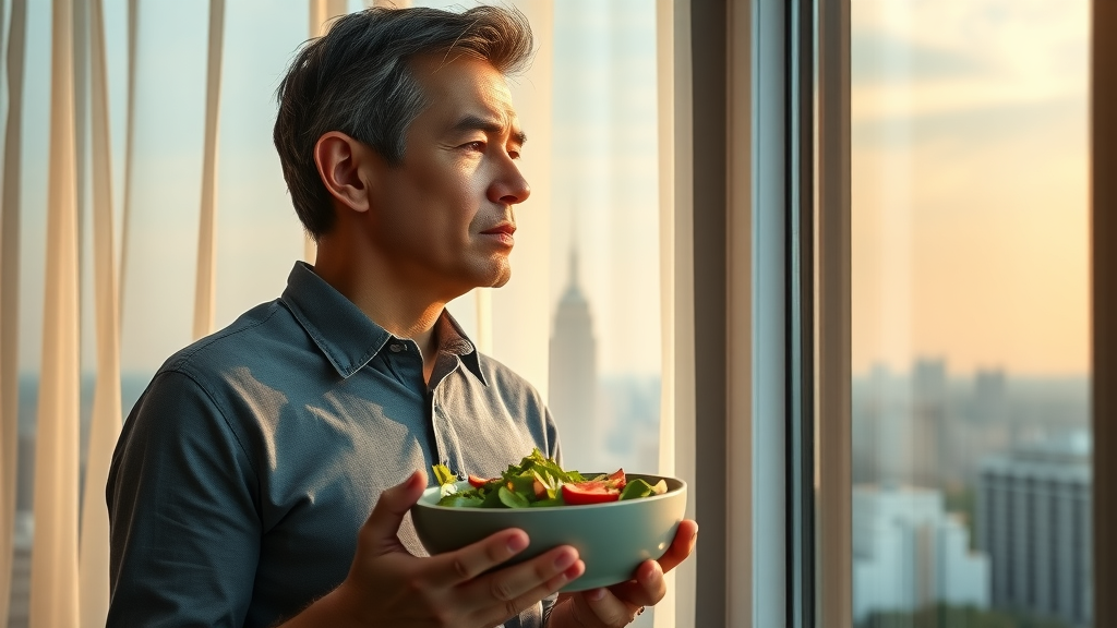 Thoughtful adult reflects on understanding the link between produce and psychological well-being, holding a bowl of salad, looking out a window with a city skyline and morning light.