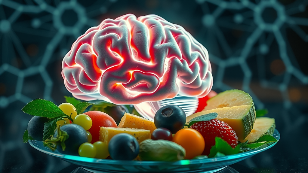 Complex neural connections visualize understanding the link between produce and psychological well-being, glowing pathways between brain imagery and plate of fruits and vegetables, cool tones, and vibrant food colors.