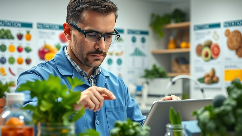 Scientist analyzing samples to understand the link between produce and psychological well-being, lab setting with nutrition posters and fresh food on display.