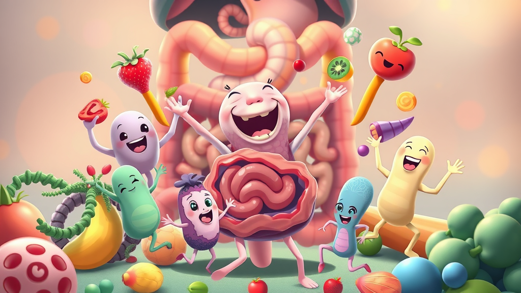 Animated gut microbiome demonstrates how produce benefits psychological well-being with joyful microbes and diverse fruits and vegetables.