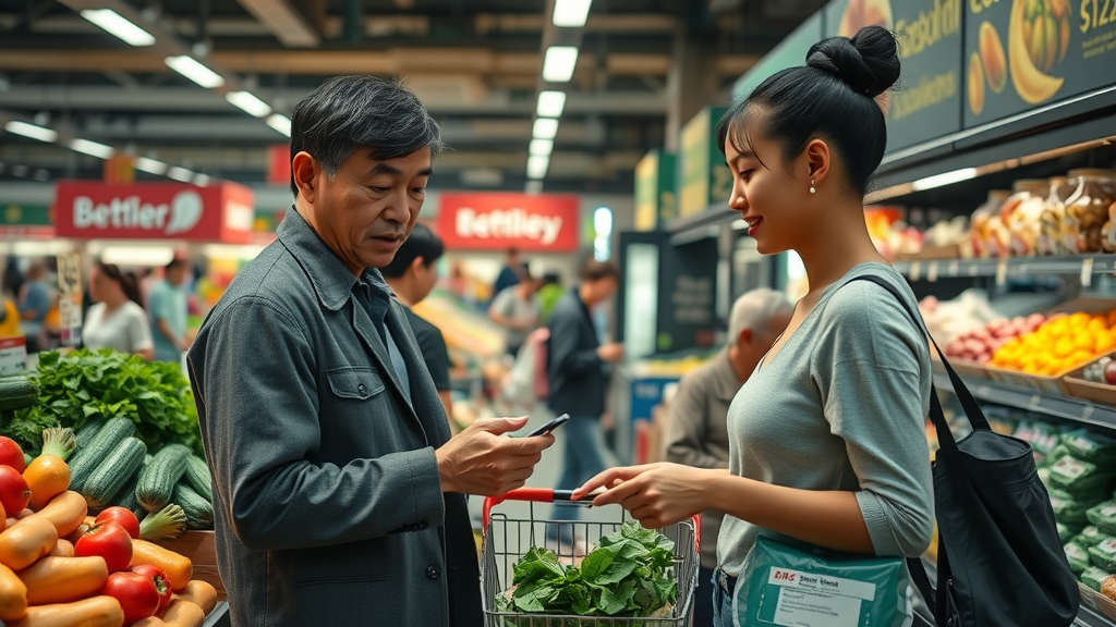 Shopper weighs fresh produce versus processed food, showing real-world barriers to understanding the link between produce and psychological well-being in an urban grocery store.