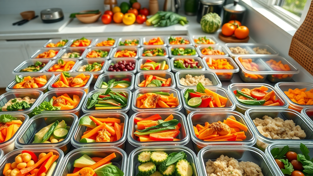 Organized meal preparation demonstrates practical ways to increase fruits and vegetables, supporting understanding the link between produce and psychological well-being.