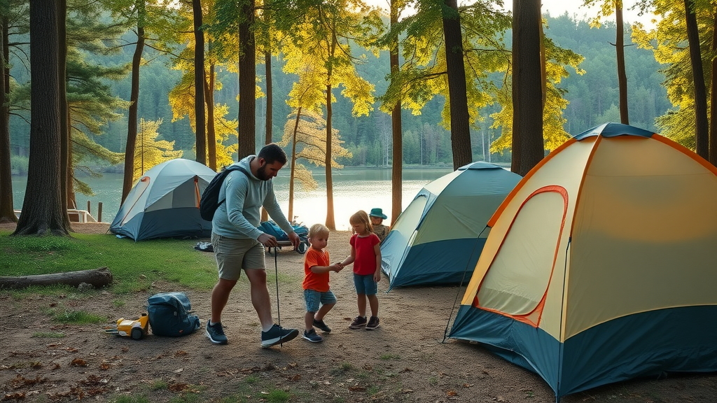 Serene North Carolina state park campground, families setting up tents, children helping adults, forested campsite near a lake, wildlife caution signs