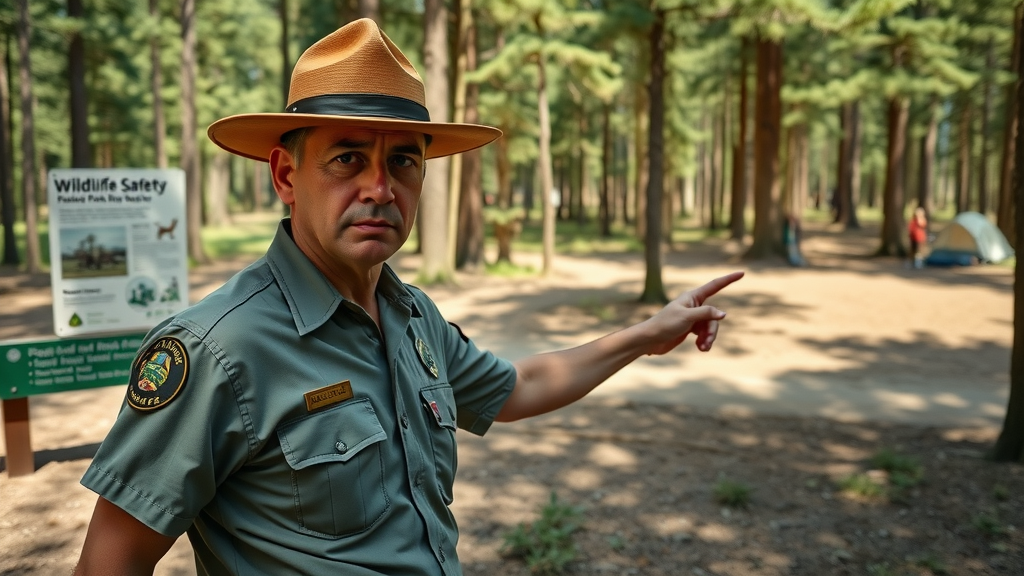 Cautious park ranger pointing to wildlife safety sign in North Carolina state park near a forest clearing