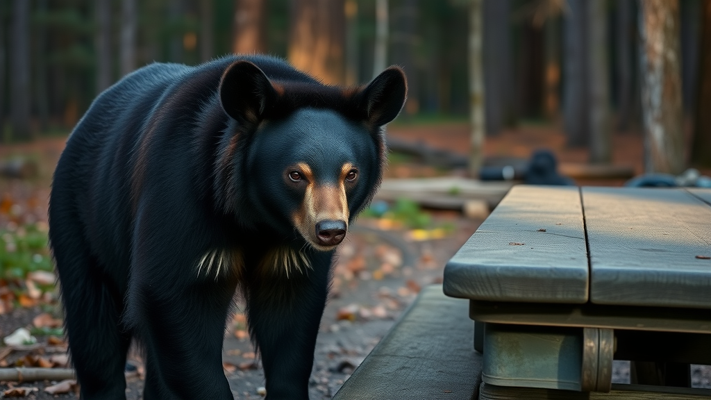 Alert black bear sniffing near an unattended picnic table at dusk in a North Carolina state park