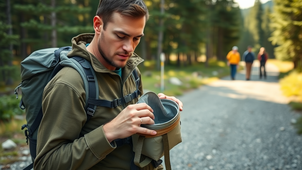 Prepared camper packing bear-proof food containers into a backpack at a North Carolina state park trailhead