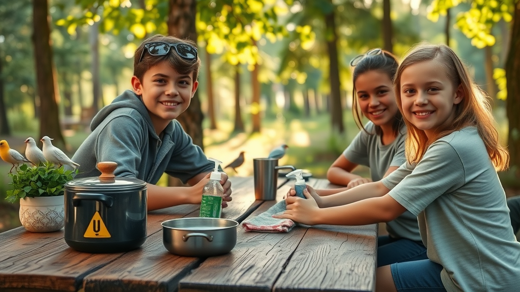 Responsible campers cleaning a cooking area in North Carolina state park with eco-friendly supplies
