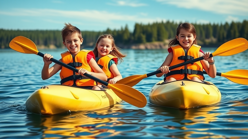 Adventurous family in North Carolina state park, wearing bright life jackets, paddling kayaks on a calm lake