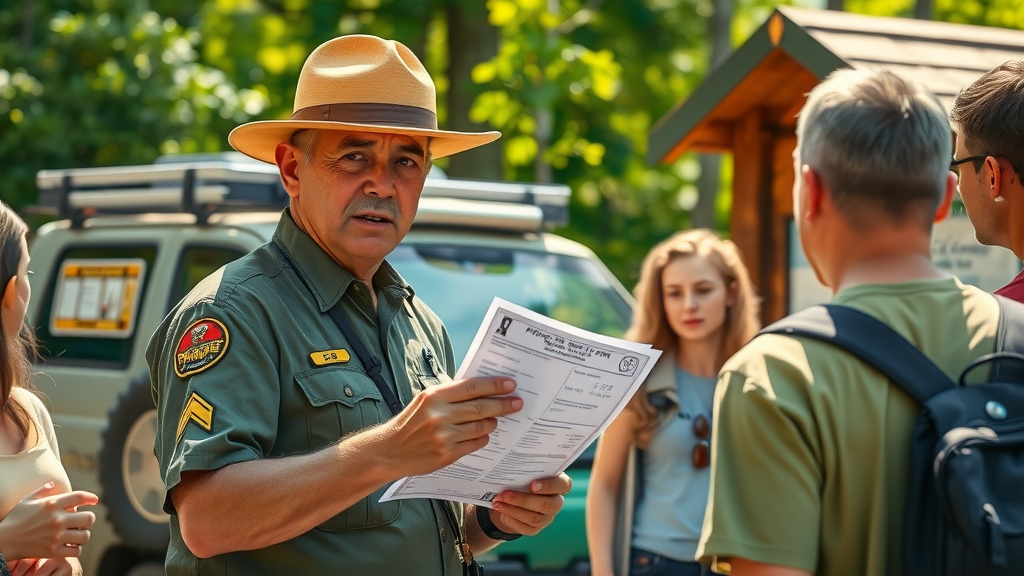 North Carolina park ranger reviewing a camping permit with campers at a kiosk, ranger