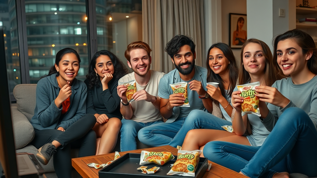 Young adults eating salty snacks together - risk factors for hypertension in your 30