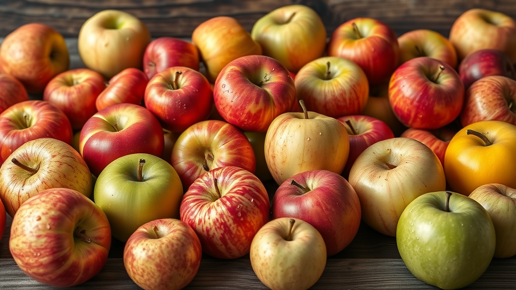 Diverse collection showing various apple varieties and textures, emphasizing how many different apple varieties are there, vivid colors and detailed textures