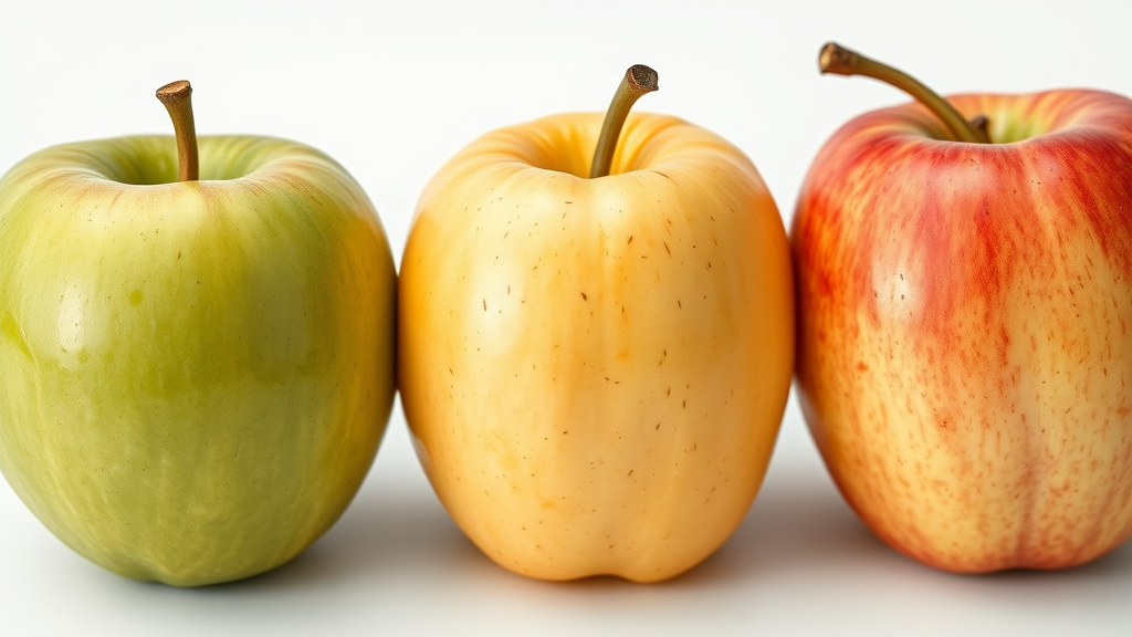 Close up of Granny Smith, Golden Delicious and Pomme Juliet apples for the list of major apple varieties, clean and detailed with vivid colors