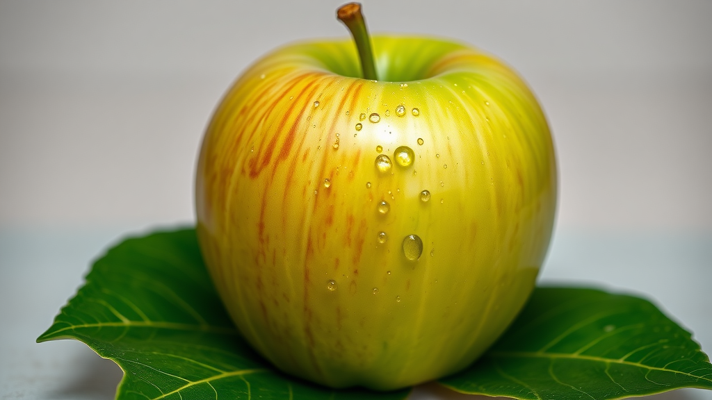 Crisp Granny Smith apple, highlighting the iconic green apple variety with cool tone lighting and fresh droplets
