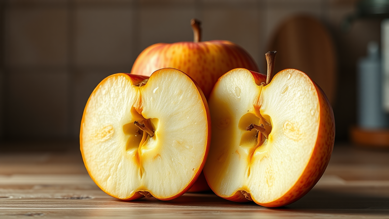 Golden Delicious apple sliced open, showcasing its sweet versatile apple variety for snacks and juice, warm golden tones