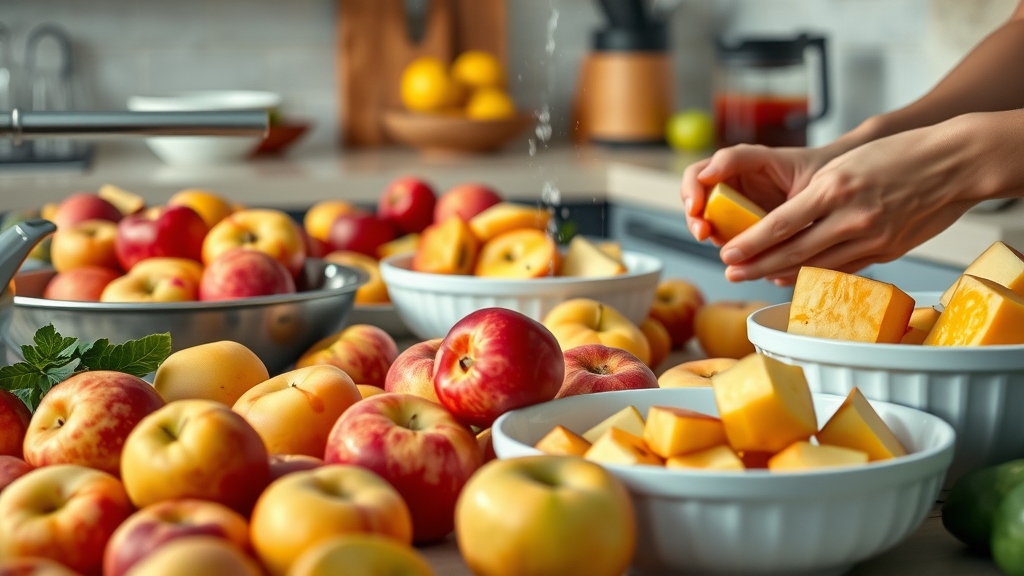 Apples being prepared for raw eating, baking, juicing in modern kitchen to showcase apple varieties for every taste