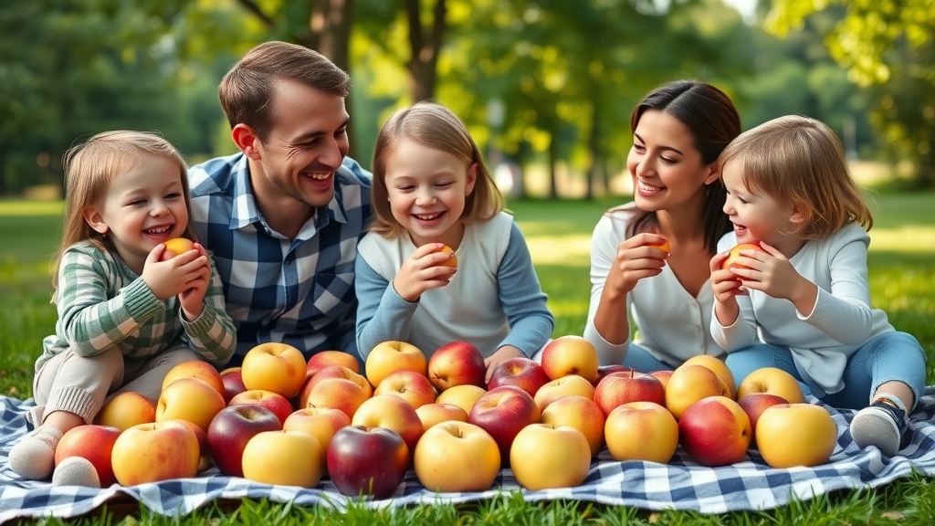 Family picnic sampling multiple apple varieties, showing enjoyment of diverse apple varieties and regional apple diversity