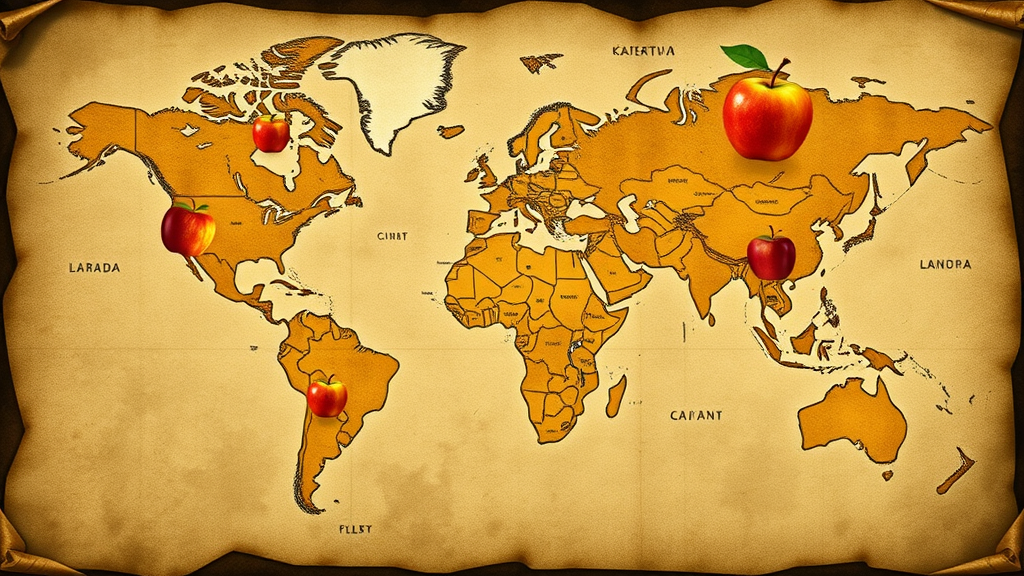 World map with apple icons representing the diversity of apple varieties grown in different regions worldwide