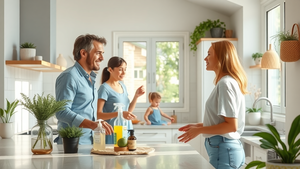 Clean and modern kitchen, clean countertops, relaxed family, natural cleaning supplies, healthy eco-friendly ambiance for disinfect the kitchen
