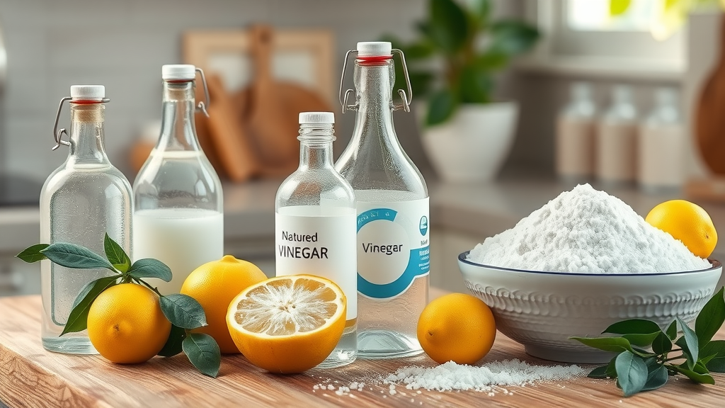 Natural disinfectants for disinfecting the kitchen: vinegar, lemons, and baking soda in a sunlit kitchen setting