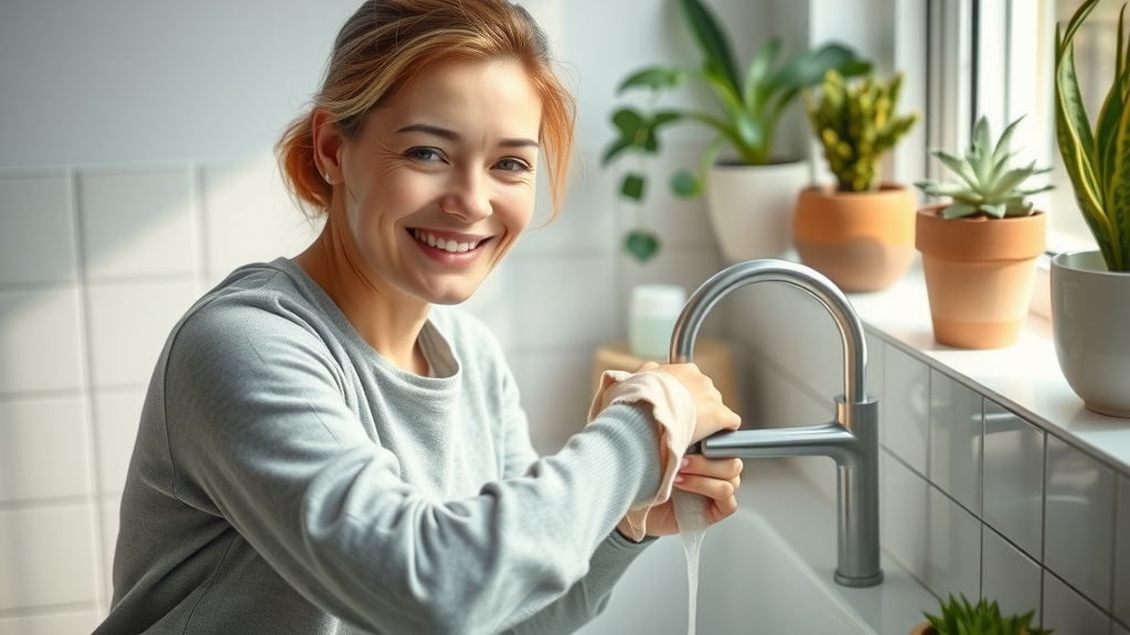 Adult cleaning kitchen sink with vinegar: step-by-step use of natural disinfectants for kitchen sink safety