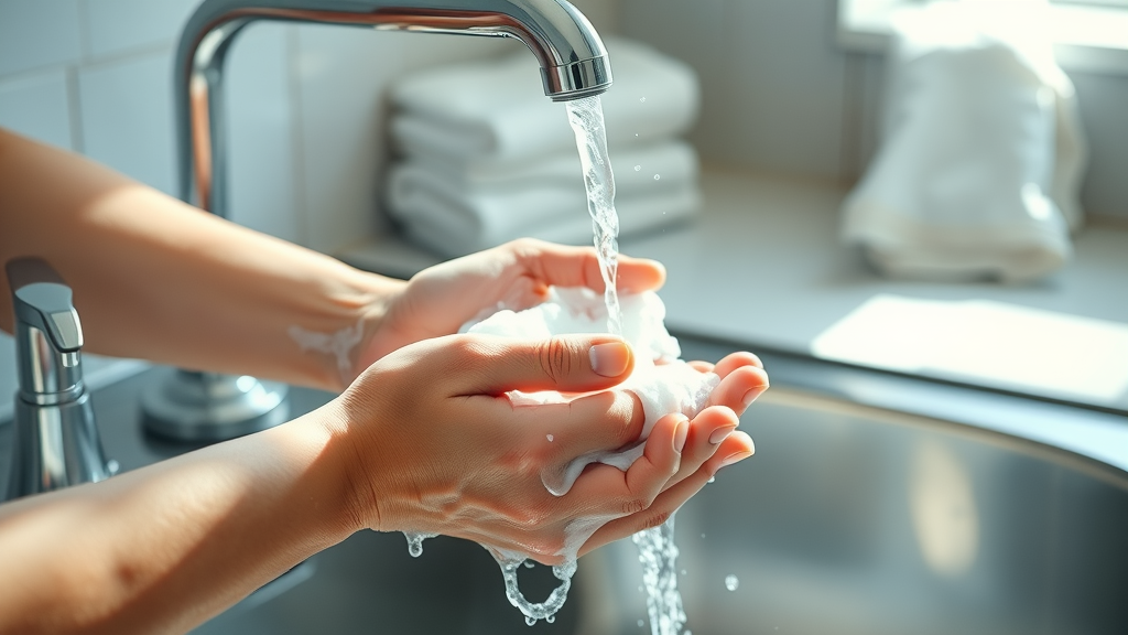 Adult washing hands at kitchen sink: crucial kitchen pro step for disinfecting the kitchen and preventing contamination
