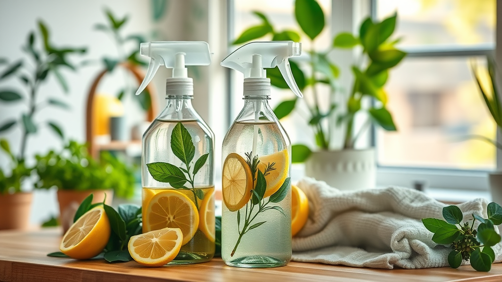 DIY all-natural kitchen disinfectant spray, lemon and herbs with eco-friendly towels on a counter