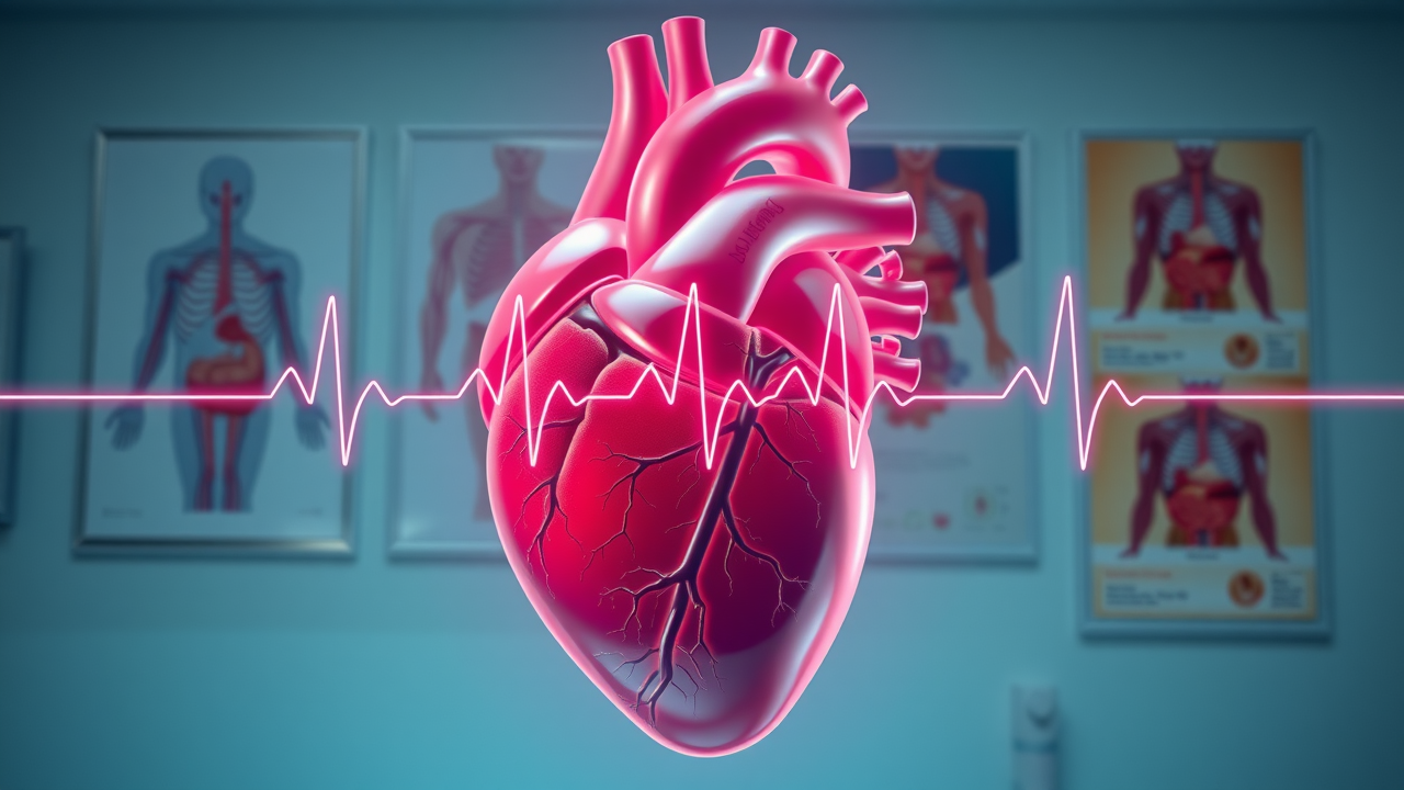 anatomical heart with highlighted heartbeat rhythm, ecg line overlay, medical clinic, detailed and clear depiction