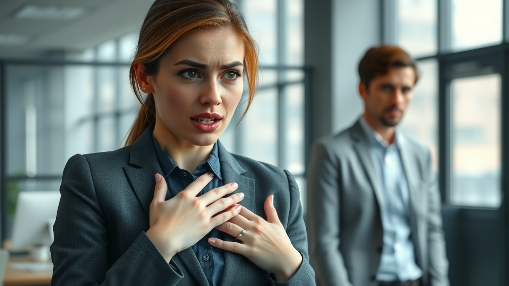 anxious professional woman experiencing heart palpitations in office, concerned coworker observes, modern office with natural light, photorealistic
