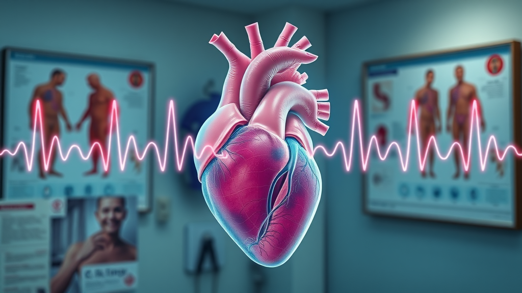 anatomical heart with highlighted heartbeat rhythm, ecg line overlay, medical clinic, detailed and clear depiction