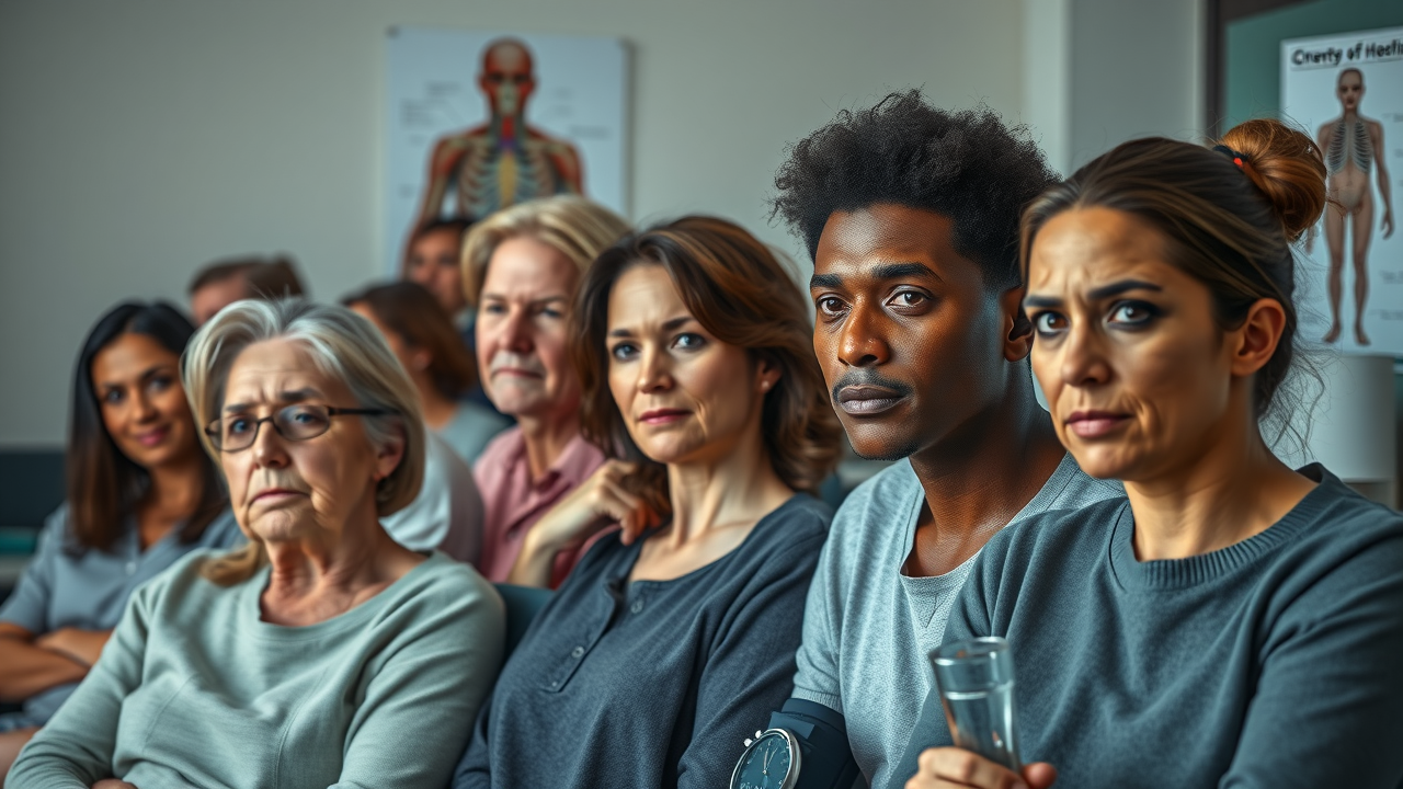 diverse group in clinic waiting room, some displaying signs of discomfort, clinic tools and posters subtly indicating medical context