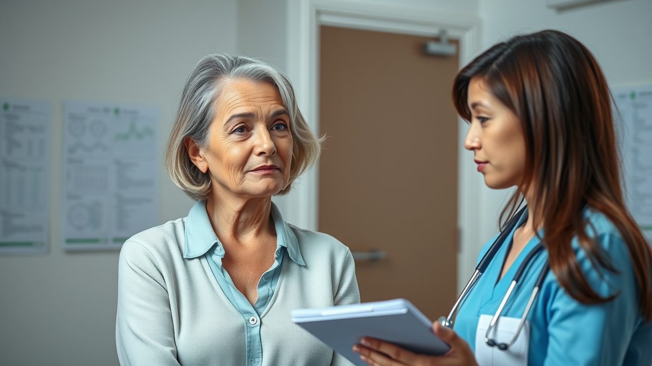 concerned patient consulting healthcare provider in examination room, provider listening and taking notes