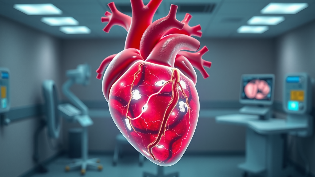 3D illustration of a human heart with highlighted coronary arteries showing calcium deposits detected by CT scan, calcium test, and heart scan for coronary artery calcium score