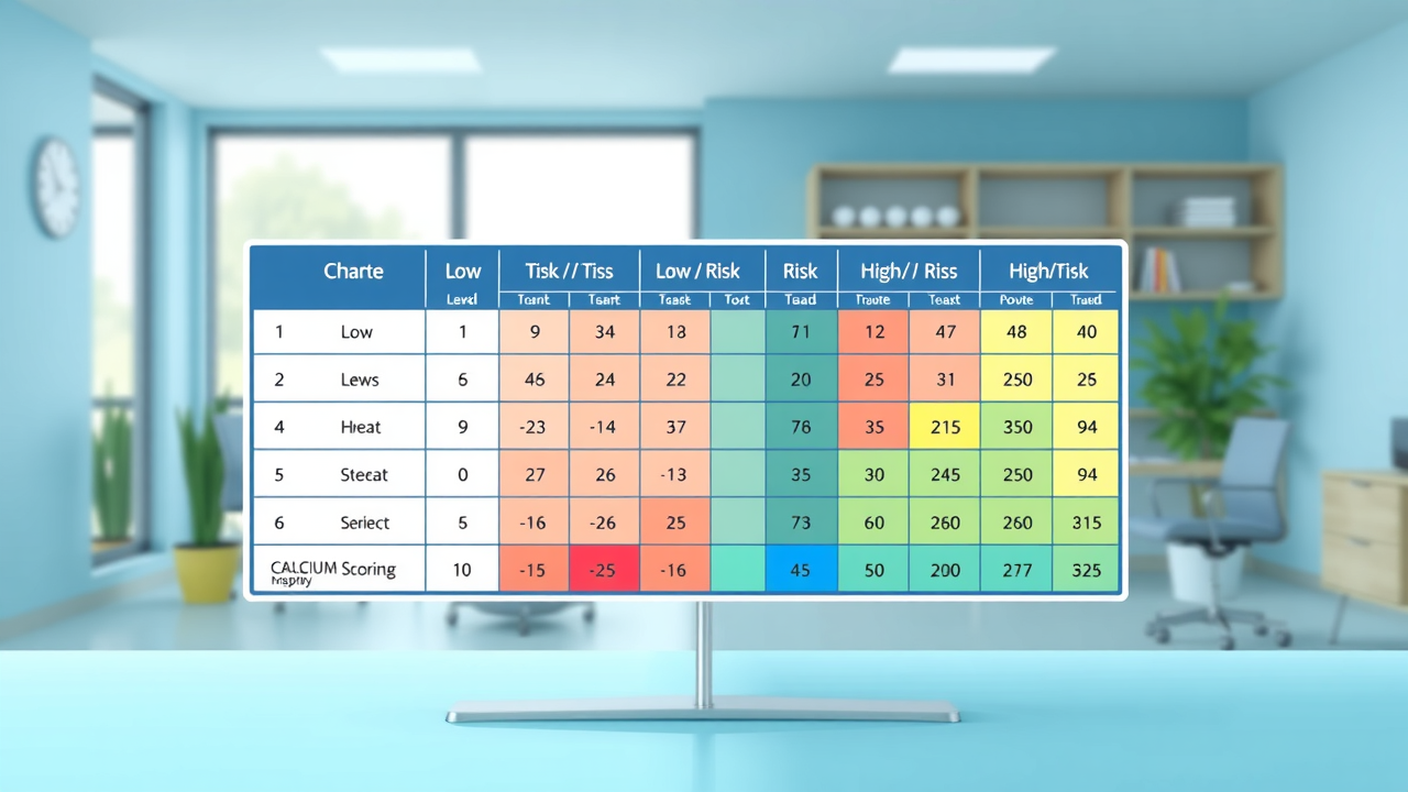Chart explaining calcium scoring risk ranges, interpretation of coronary artery calcium score, low risk, high risk, heart scan