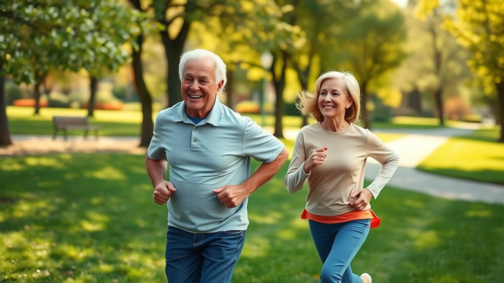 Older adult couple jogging in the park symbolizing positive lifestyle changes to lower coronary artery calcium score and reduce heart disease risk, heart health