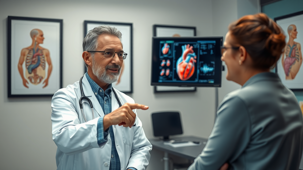 Doctor consulting patient and showing digital screen with heart images after coronary calcium test, discussing coronary artery calcium score results