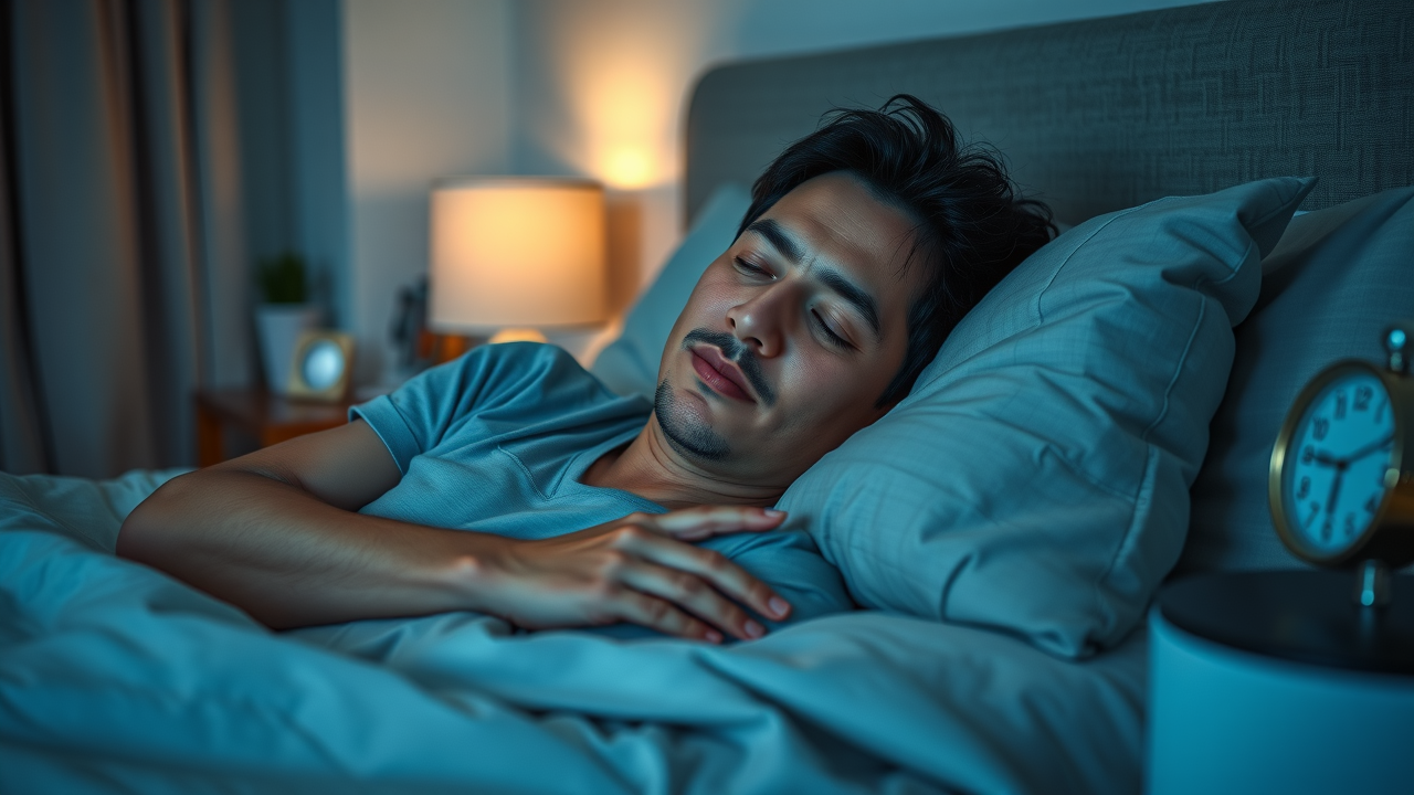 tranquil bedroom at night, serene expression, person lying down peacefully, Photorealistic High Fidelity Lifelike, softly illuminated cozy bedroom with modern decor and visible clock on nightstand, highly detailed, soft bedding textures, light blue and gray color palette, gentle ambient lamp lighting, shot with a 35mm lens