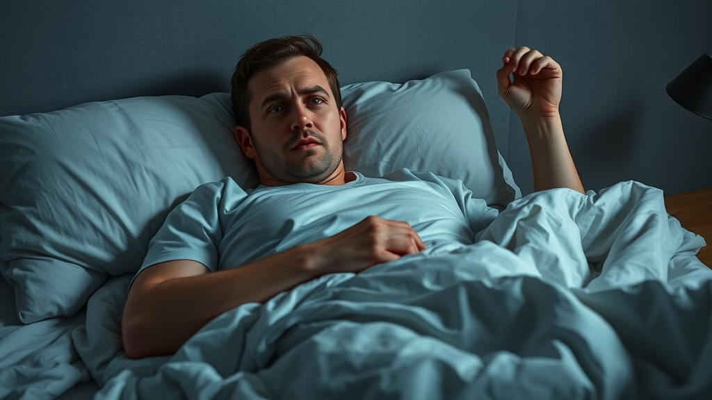 restless adult, concerned expression, person tossing and turning in bed, Photorealistic High Fidelity Lifelike, modern minimalistic bedroom, highly detailed, tousled bedding, cool neutral tones, moody low lighting, shot with a 50mm lens
