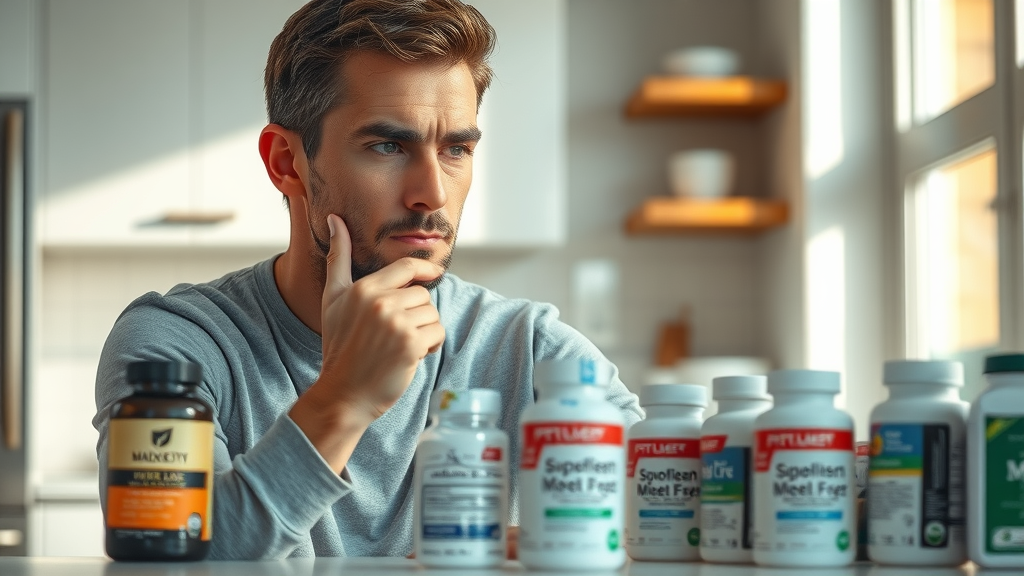 thoughtful person, analytical expression, looking at labels on supplement bottles, Photorealistic High Fidelity Lifelike, bright modern kitchen counter with various supplement packages, highly detailed, clear labeling and bottle details, neutral color palette, direct natural window lighting, shot with a macro lens