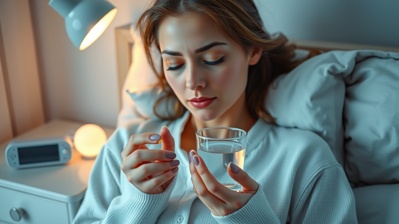 focused hands, calm expression, person holding a small melatonin pill and a glass of water, Photorealistic High Fidelity Lifelike, tidy bedside table with a digital clock and a glass of water, highly detailed, pill clearly visible, pale blue and white color palette, warm bedside lamp lighting, shot with an 85mm lens