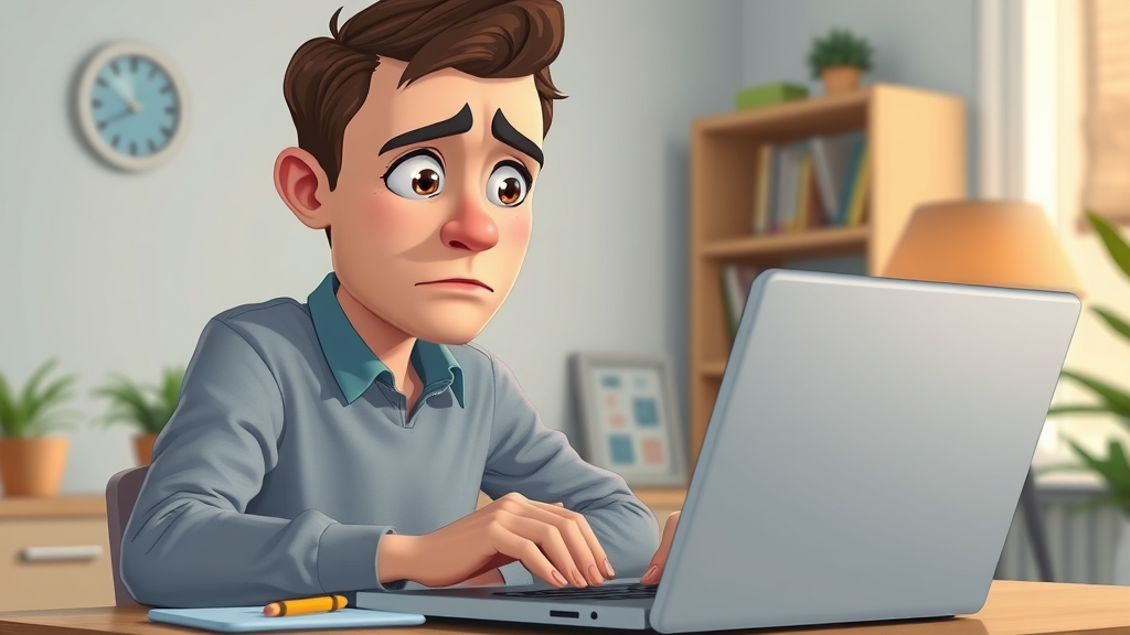 concerned adult, worried expression, research action on laptop, 2D Cartoon, indoor environment with desk and ambient light, highly detailed, side effect icons around the screen, pastel colors, soft morning lighting, shot with a 24mm lens