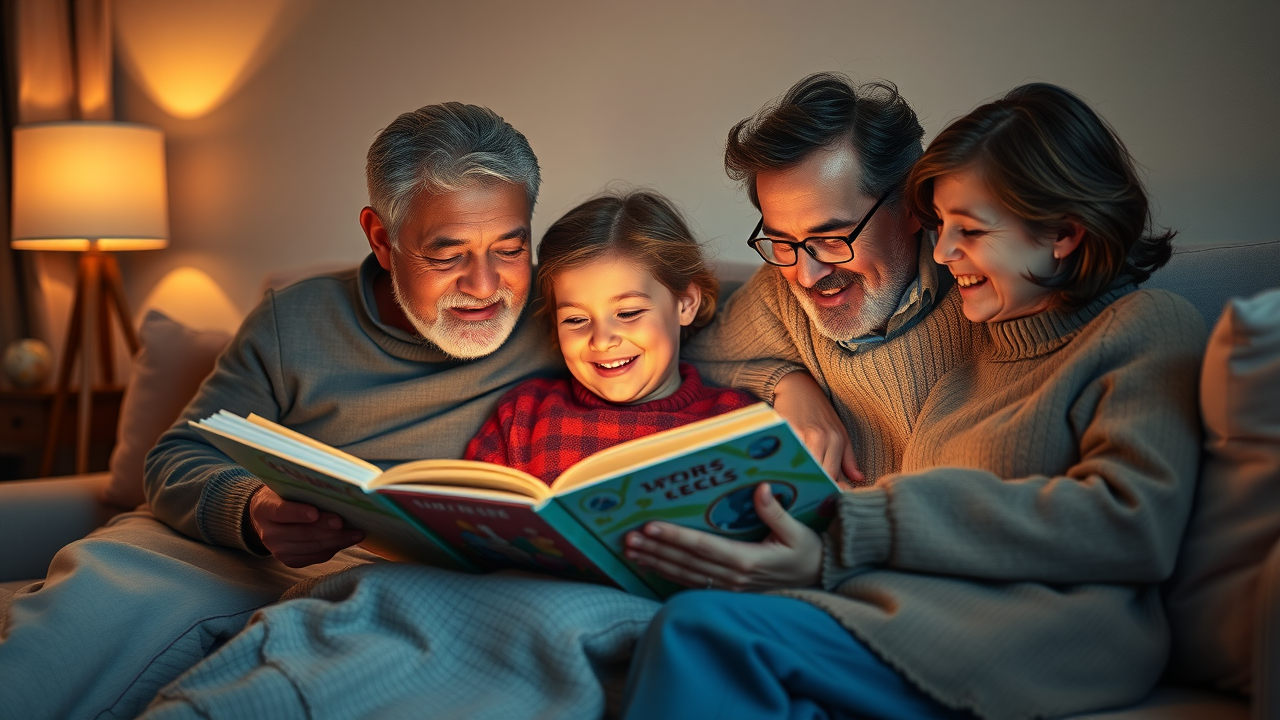 multi-generational family, relaxed expressions, sitting together reading bedtime stories, Photorealistic High Fidelity Lifelike, cozy living room environment with warm lighting and soft furnishings, highly detailed, open book, warm earthy colors, glowing evening lamp light, shot with a 50mm lens