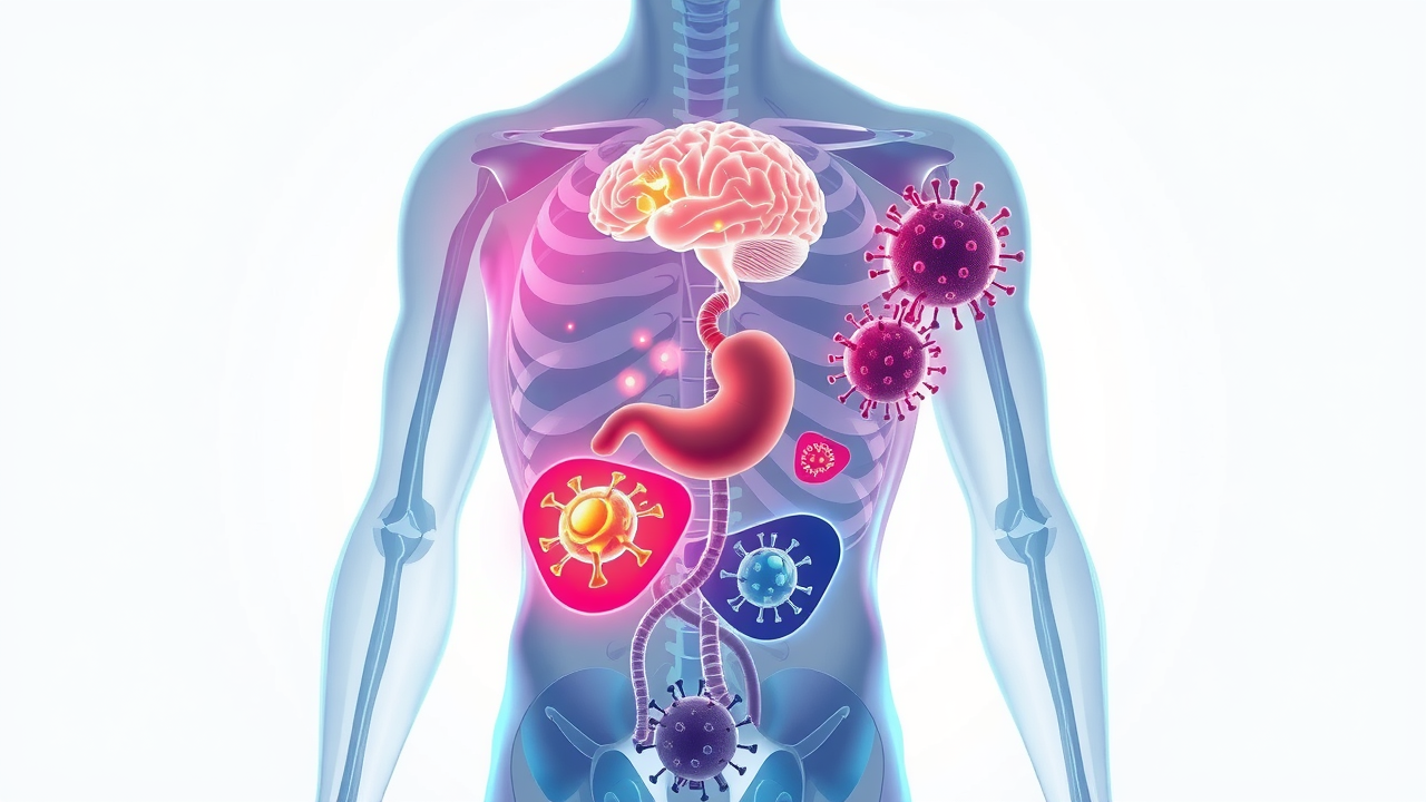 human silhouette, scientific diagram style, labeled points showing melatonin’s influence on organs, 2D Cartoon, transparent torso with highlighted brain, stomach, and immune cells, highly detailed, colorful labels, glowing synapse effects, white scientific background, even flat lighting, shot overhead