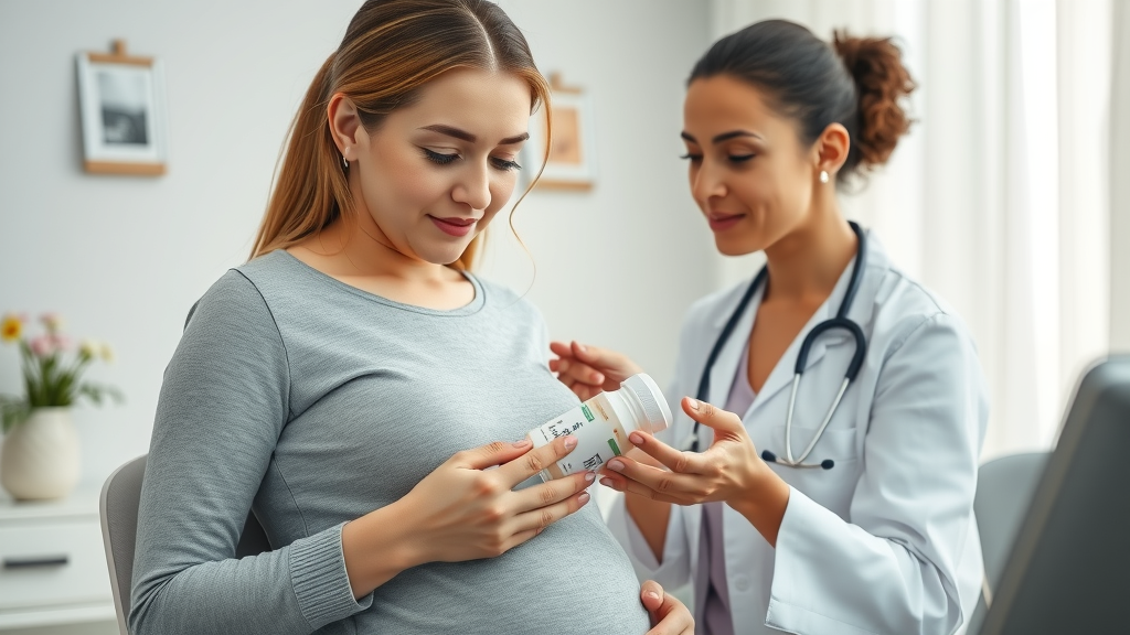 pregnant woman, gentle expression, reviewing supplement bottle with physician, Photorealistic High Fidelity Lifelike, medical office with soft decor and consultation table, highly detailed, reassuring body language, soft pastel pinks and whites, natural daylight, shot with a 35mm lens