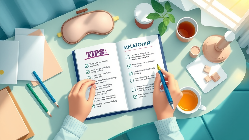 notebook open, pen in hand, checklist of tips for using melatonin, 2D Cartoon, organized desk with healthy sleep essentials (eye mask, herbal tea), highly detailed, icons for each tip, soft blue and green tones, morning sunlight beams in, shot from above