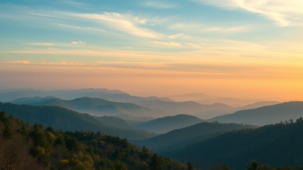 Majestic panoramic view of the Great Smoky Mountains at sunrise with subtle wildlife in the distance.