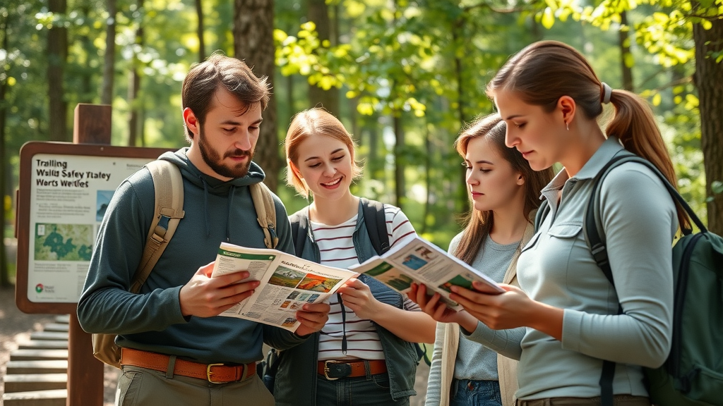 Engaged hikers reading wildlife safety pamphlets at a forest trailhead in the Great Smoky Mountains.
