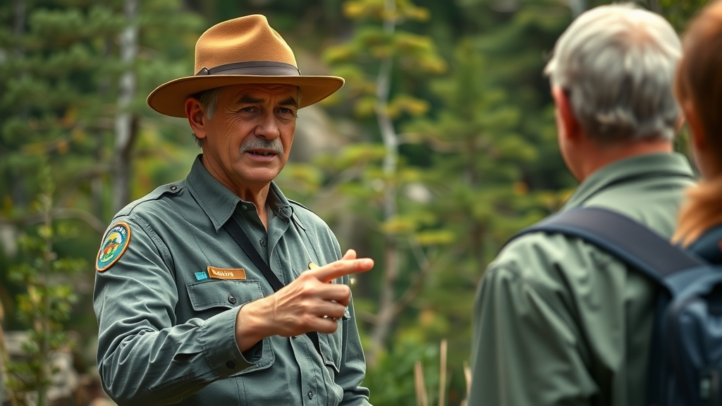 Experienced park ranger guiding visitors near a lush, diverse flora-filled backdrop in the Great Smoky Mountains National Park.