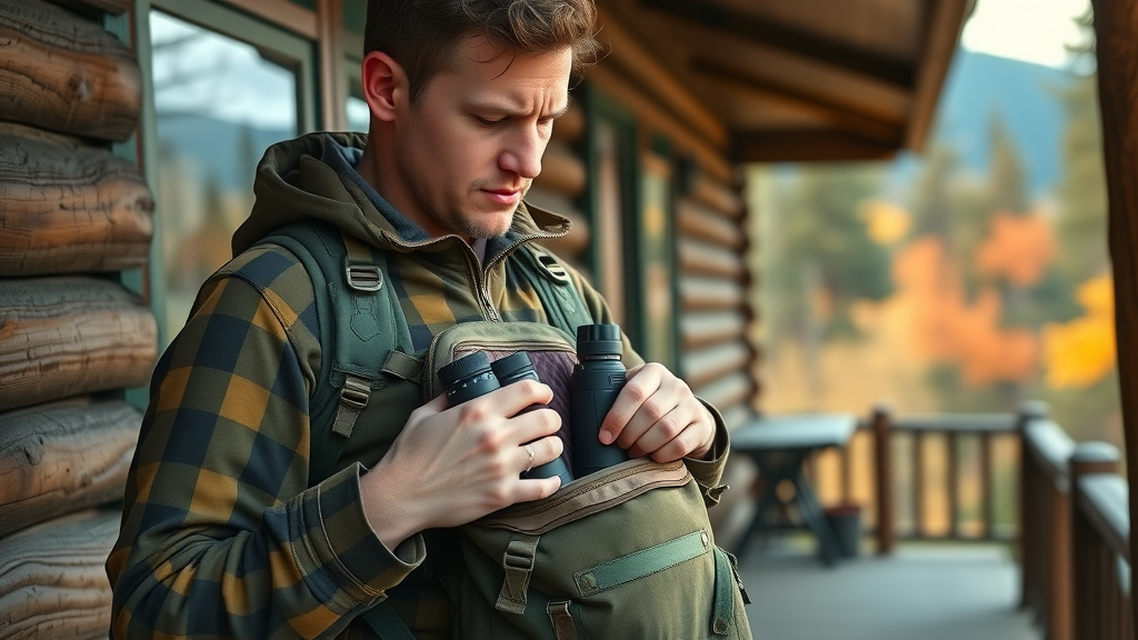 Well-prepared hiker organizing backpack with bear spray and binoculars on a rustic porch in the Smokies.